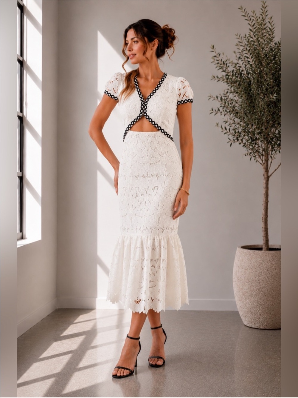 White Lace Midi Dress with Black Trim Cutout